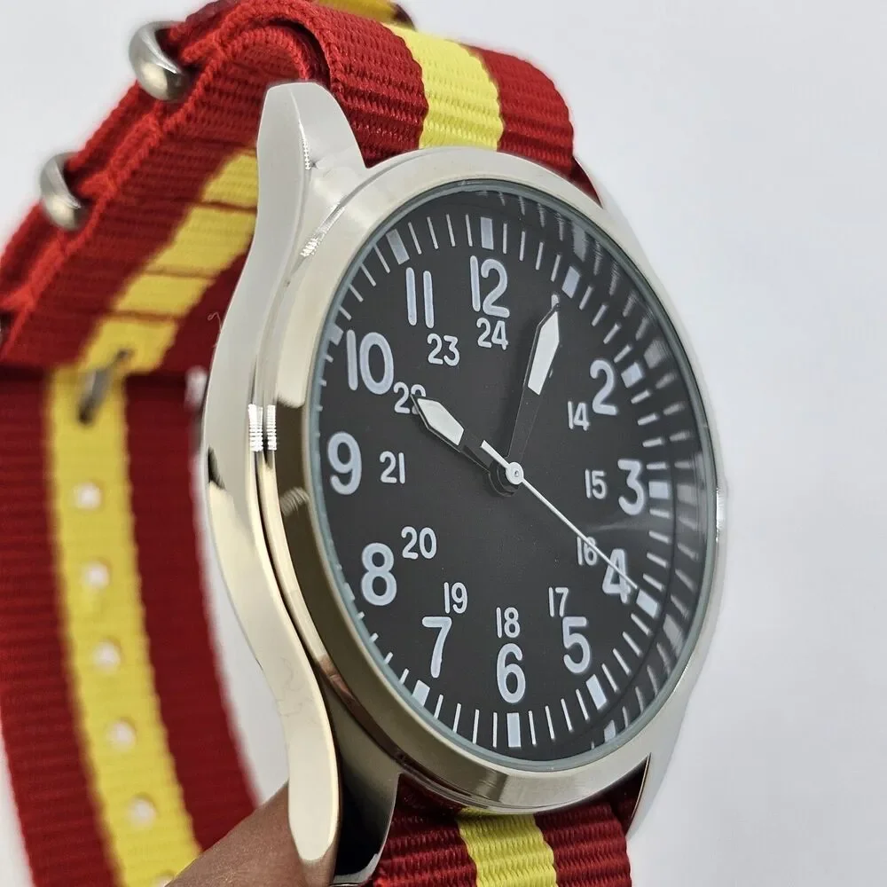 Men's 42MM Field Watch Black Dial‎ Gray Case Red Yellow Canvas Band Strap